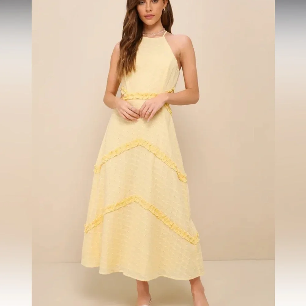 NWT Lulus Perfectly Serene Light Yellow Eyelt Ruffles Tie back midi dress - Picture 1 of 4